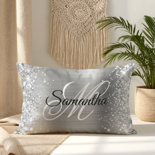 Silver Glitter and Shiny Satin Foil Fancy Monogram Lumbar Pillow