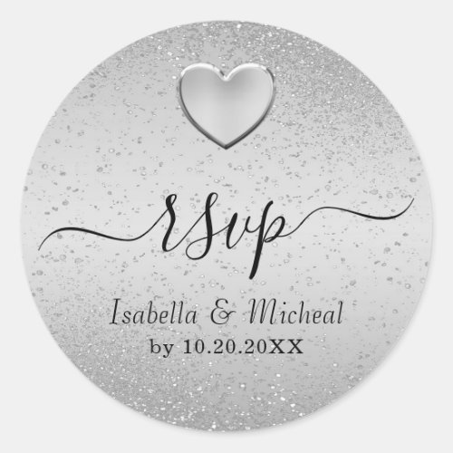 Silver Glitter and  Silver Heart _ RSVP   Classic Round Sticker