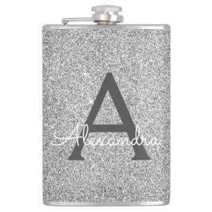 Silver Glitter and Sparkle Monogram Initial Flask