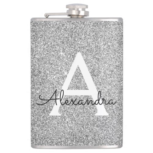 Silver Glitter and Sparkle Monogram Initial Flask