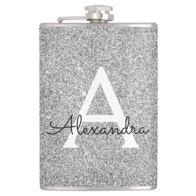Silver Glitter and Sparkle Monogram Initial Flask (Front)