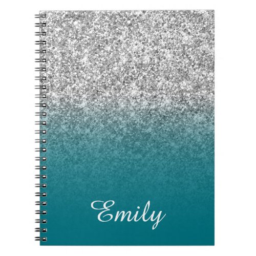 Silver Glitter and Teal Ombre Personalized Notebook