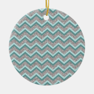 Silver Glitter and Teal ZigZag Ceramic Ornament