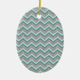 Silver Glitter and Teal ZigZag Ceramic Ornament