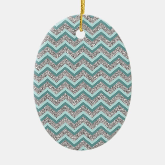 Silver Glitter and Teal ZigZag Ceramic Ornament (Front)