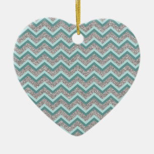 Silver Glitter and Teal ZigZag Ceramic Ornament