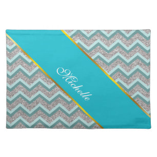 Silver Glitter and Teal ZigZag Cloth Placemat