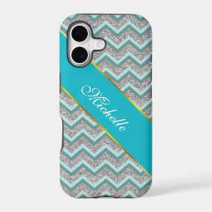 Silver Glitter and Teal ZigZag iPhone 17 Case