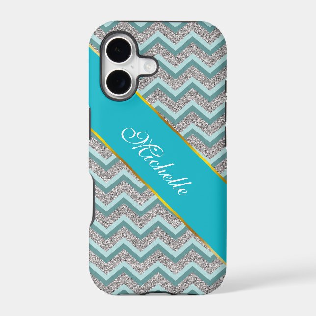 Silver Glitter and Teal ZigZag Iphone Case (Back)
