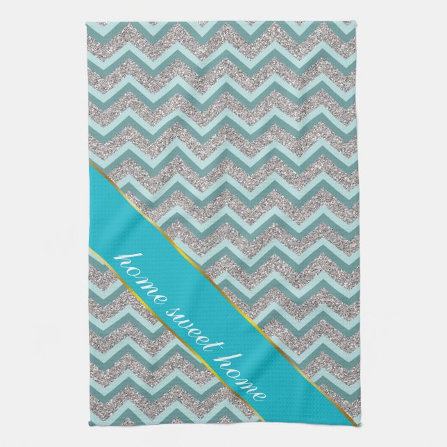 Silver Glitter and Teal ZigZag Towel (Vertical)