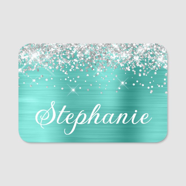 Silver Glitter and Turquoise Foil First Name Tag (Front)