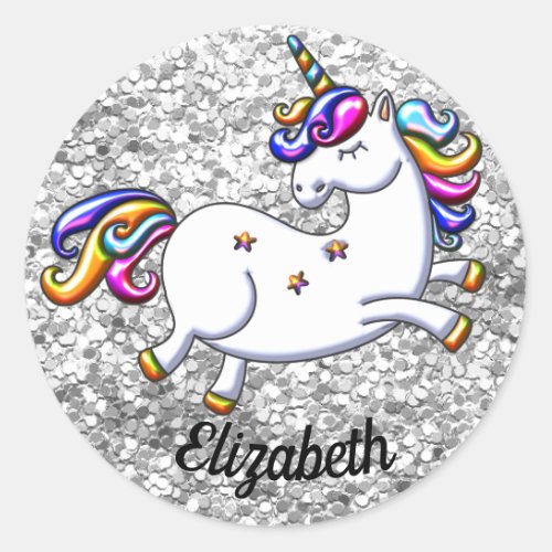 Silver Glitter and Unicorn Classic Round Sticker