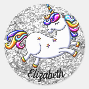 Silver Glitter and Unicorn Classic Round Sticker