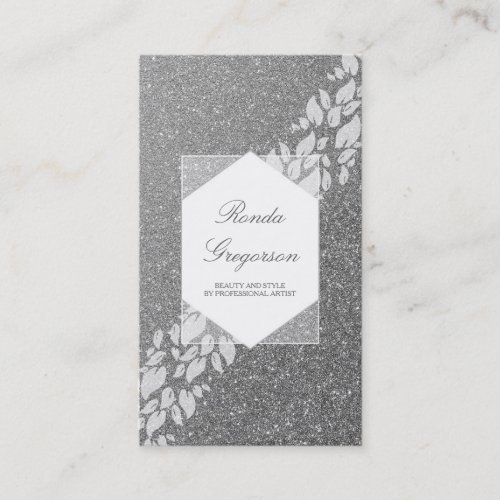 Silver Glitter and White Leaves Laurel Elegant Business Card