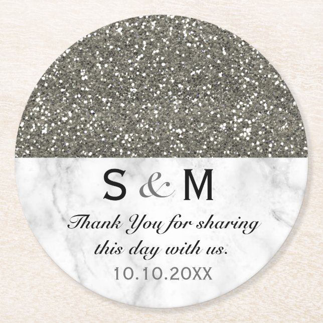 Silver Glitter And White Marble Wedding  Monogram Round Paper Coaster (Front)