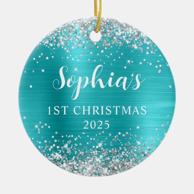 Silver Glitter Aqua Blue Foil 1st Christmas Photo Ceramic Ornament (Front)
