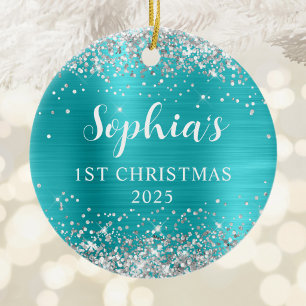 Silver Glitter Aqua Blue Foil 1st Christmas Photo Ceramic Ornament