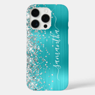 Silver Glitter Aqua Blue Metallic Girly Signature iPhone 16 Pro Case