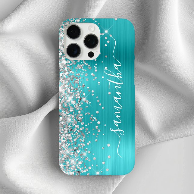 Silver Glitter Aqua Blue Metallic Girly Signature Case-Mate iPhone Case (Silver Glitter Aqua Blue Metallic Girly Signature Case-Mate iPhone Case)