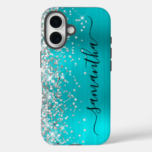 Silver Glitter Aqua Blue Metallic Girly Signature iPhone 16 Case
