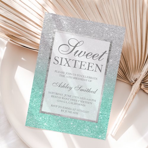 Silver glitter aqua ocean elegant chic Sweet 16 Invitation