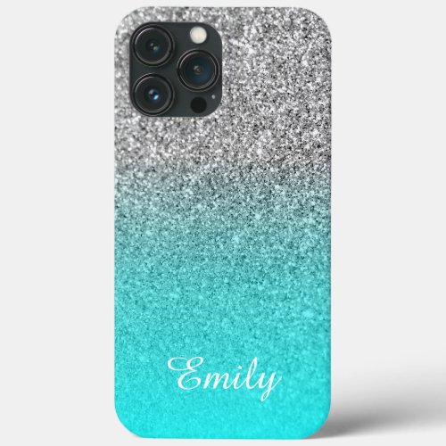 Silver Glitter Aqua Ombre Personalized iPhone 13 Pro Max Case