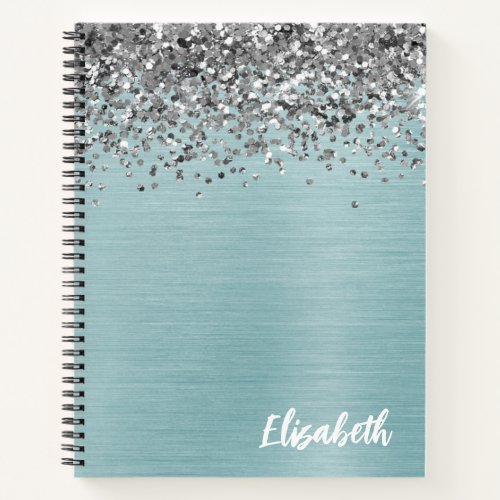 Silver Glitter Aqua Teal Brushed Metal Monogram Notebook