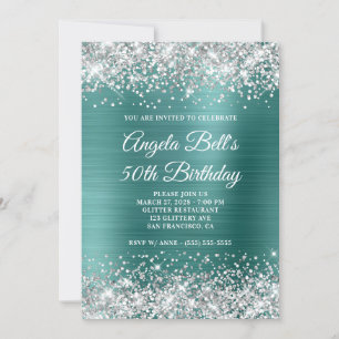 Silver Glitter Aqua Teal Foil 50th Birthday Invitation