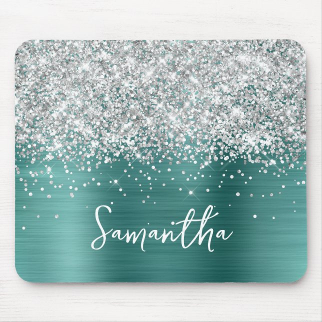 Silver Glitter Aqua Teal Glam Name Mouse Pad (Front)