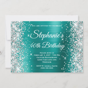 Silver Glitter Aqua Teal Monogram 40th Birthday Invitation