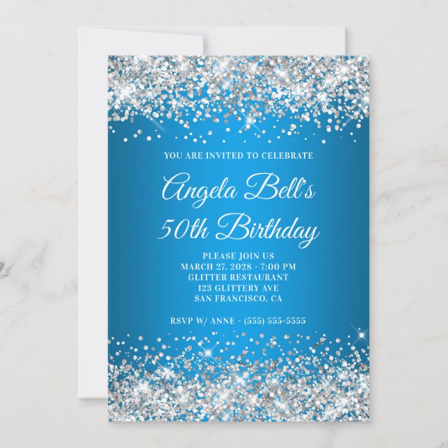 Silver Glitter Azure Gradient 50th Birthday Invitation (Front)
