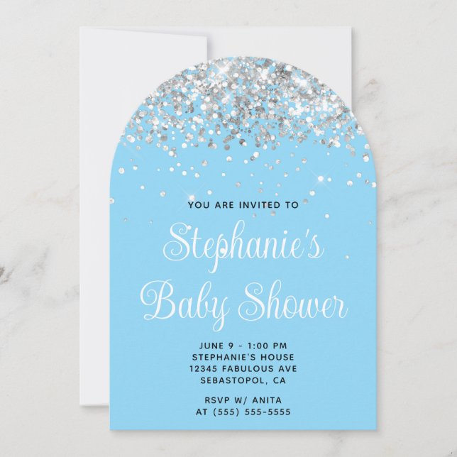 Silver Glitter Baby Blue Baby Shower Invitation (Front)