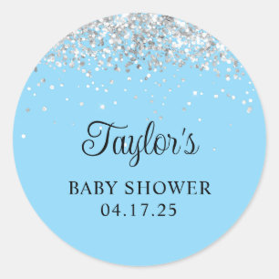 Silver Glitter Baby Blue Shower Classic Round Sticker