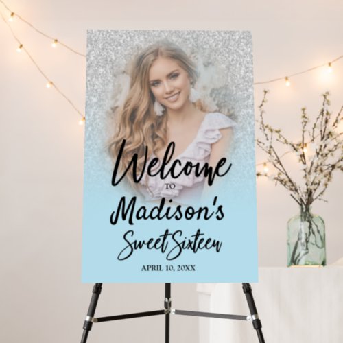 Silver Glitter  Baby Blue Sweet 16 Welcome Sign 