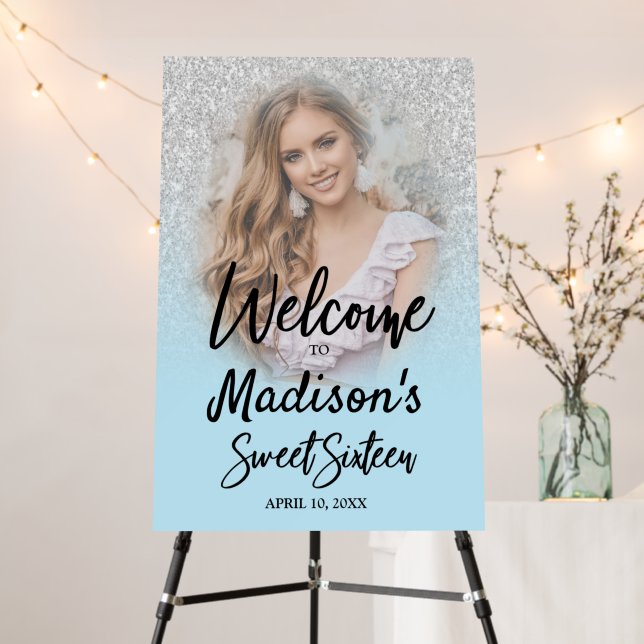 Silver Glitter & Baby Blue Sweet 16 Welcome Sign  (In Situ (Stand))