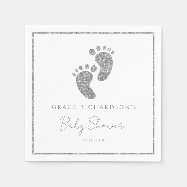 Silver Glitter Baby Feet Baby Shower Personalized  Napkins (Front)