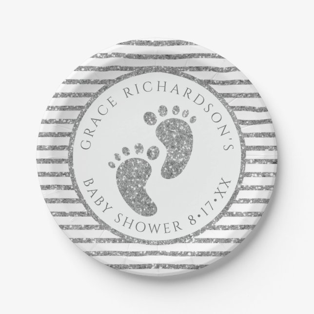 Silver Glitter Baby Feet Baby Shower Personalized  Paper Plates (Front)