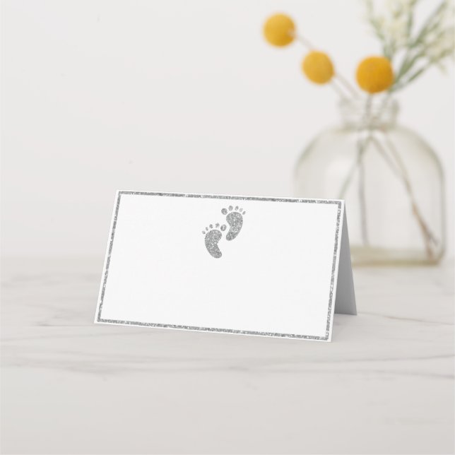 Silver Glitter Baby Feet Baby Shower Tent Place Card (Front)