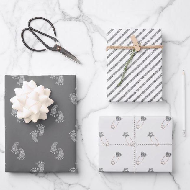 Silver Glitter Baby Feet Baby Shower  Wrapping Paper Sheets (Front)