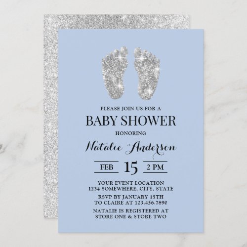 Silver Glitter Baby Feet Light Blue Baby Shower Invitation