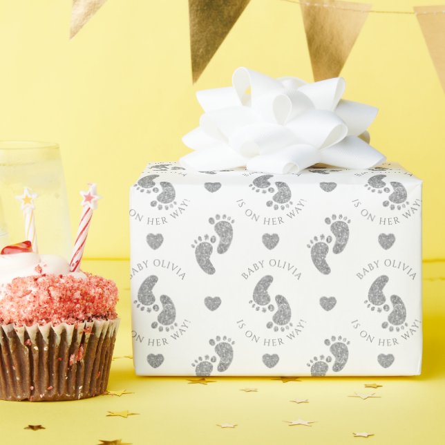 Silver Glitter Baby Feet Personalized Baby Shower  Wrapping Paper (Birthday Party)