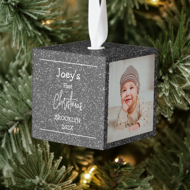 Silver Glitter baby first Christmas three Photo Cube Ornament (Tree)