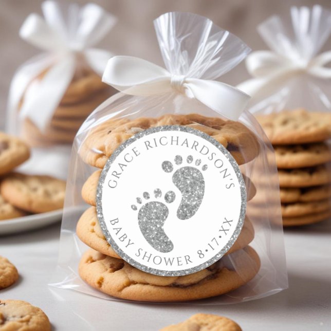 Silver Glitter Baby Shower Favor Sticker (Silver Glitter Baby Feet Favor Sticker)