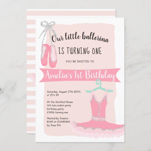 Silver glitter ballerina tutu 1st birthday party invitation
