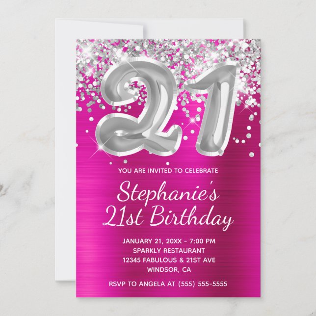 Silver Glitter Balloon Hot Pink 21st Birthday Invitation (Front)