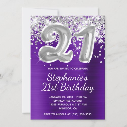 Silver Glitter Balloon Indigo Purple 21st Birthday Invitation