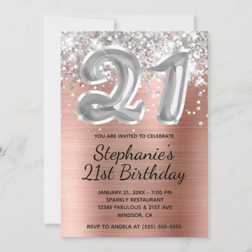 Silver Glitter Balloon Rose Gold 21st Birthday Invitation