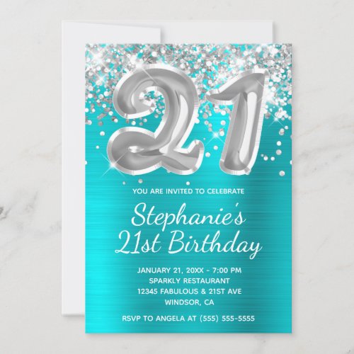 Silver Glitter Balloon Turquoise 21st Birthday Invitation