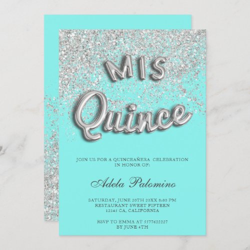 Silver glitter balloons chic teal Quinceaera Invitation