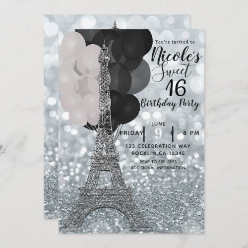 Silver Glitter Balloons Eiffel Tower Sweet 16 Chic Invitation